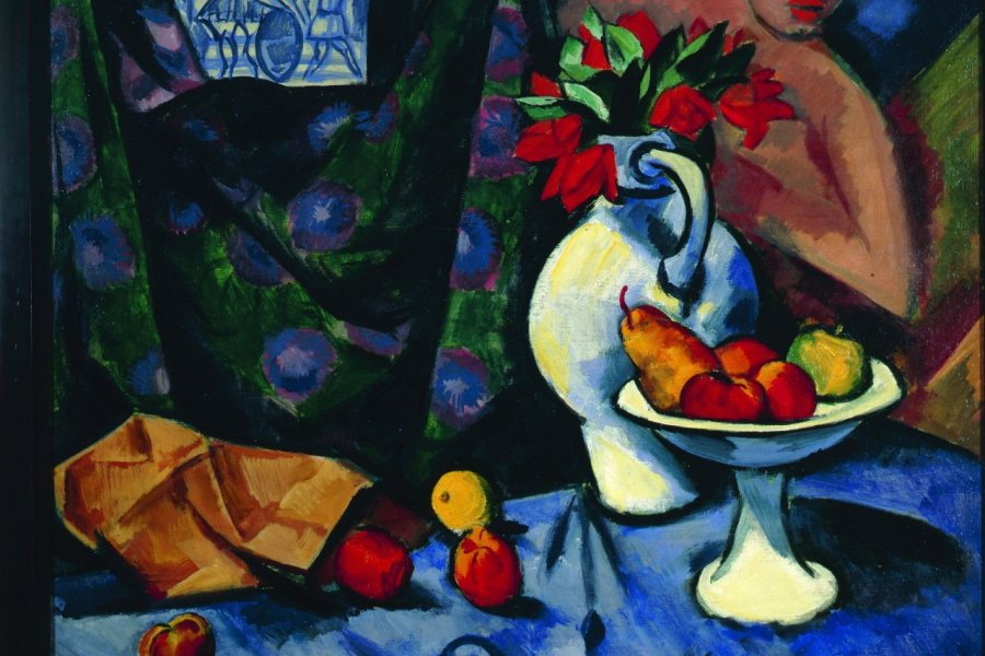 Max Pechstein, Nature morte avec nu, carreau et fruits (Stillleben mit Akt, Kachel und Fruchten), 1913. Verso : Paysage de foret (Kurische Waldlandschaft), 1912. Huile sur toile 99×98,5cm, Collection Alfred and Ingrid Lenz Harrison, Wayzata, Minnesota.