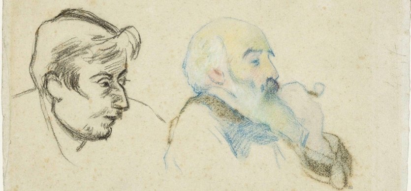 Camille PISSARRO (Saint-Thomas, 1830 – Paris, 1903) et Paul GAUGUIN (Paris, 1848 – Atuona, 1903) Double Portrait de Paul Gauguin et de Camille Pissarro Vers 1880-1883 Fusain et crayons de couleurs sur papier filigrané - © DR