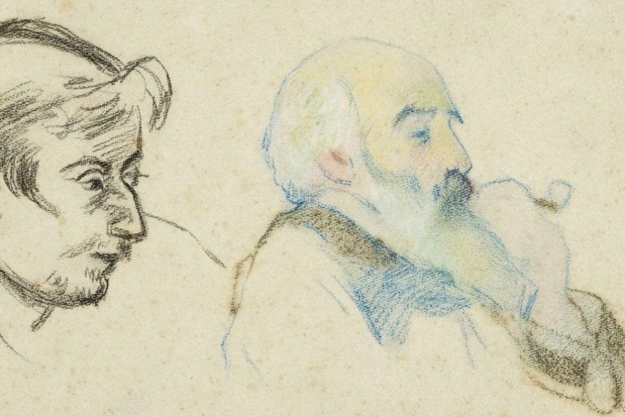 Camille PISSARRO (Saint-Thomas, 1830 – Paris, 1903) et Paul GAUGUIN (Paris, 1848 – Atuona, 1903) Double Portrait de Paul Gauguin et de Camille Pissarro Vers 1880-1883 Fusain et crayons de couleurs sur papier filigrané