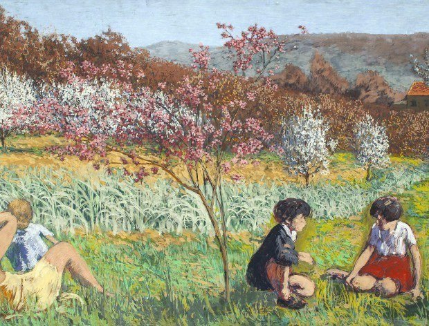 Ker-Xavier Roussel Dans le verger de L’Étang-la-Ville, s.d. Peinture à la colle sur toile, 129 x 298 cm. - © Collection particulière. Photo : Anne Claude Barbier