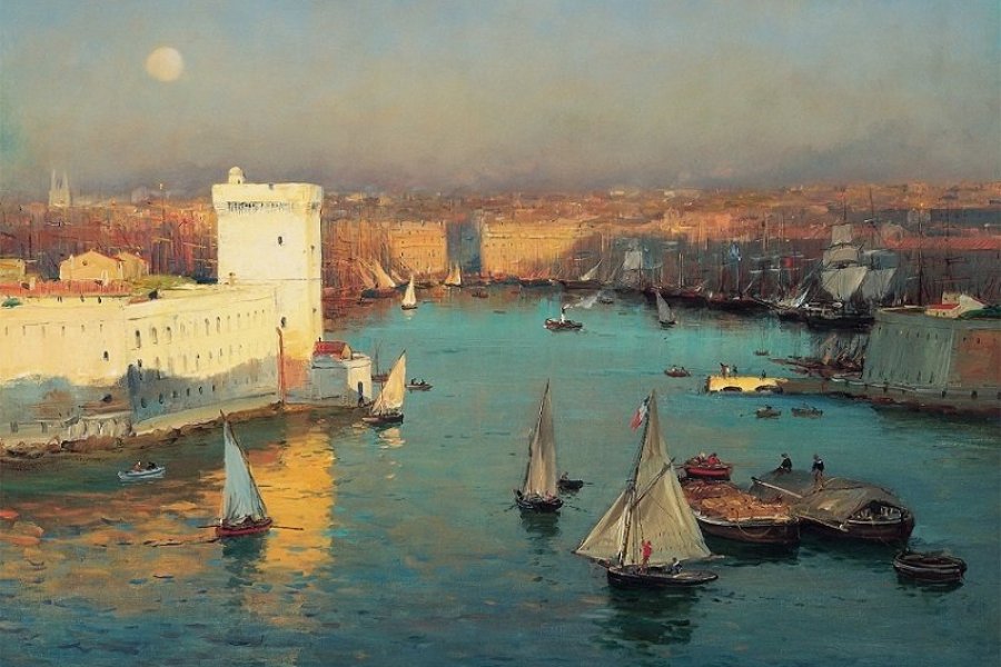 Jean-Baptiste OLIVE (1848-1936), Le Vieux-Port vu du Pharo, Huile sur toile 50 x 73,5 cm
