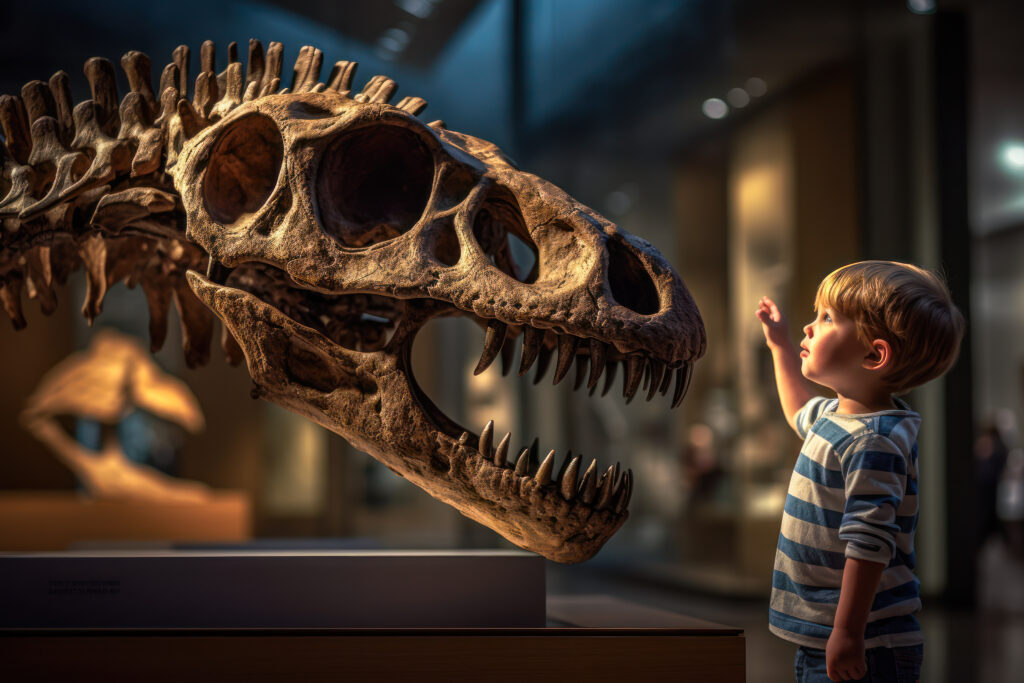 Enfant regardant un dinosaure