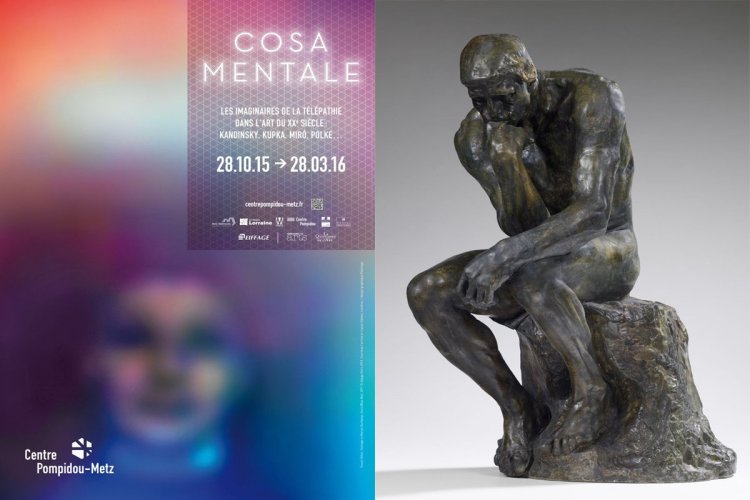 Susan Hiller, Homage to Marcel Duchamp: Aura (Blue Boy), 2011// Photo 2 : Auguste Rodin, Le Penseur , vers 1880, Plâtre patiné, 72 x 37 x 57,50 cm. - © Adagp Paris 2015. Courtesy l\\\'artiste et Lisson Gallery, Londres. Photo 2 : Christian Baraja, © Musée Rodin, Paris.