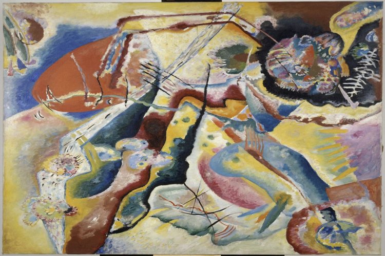 «Tableau à la tache rouge» (1914), de Kandinsky, peintre entre musique et couleurs, passionné par la synesthésie. - © Centre Pompidou, MNAM-CCI, Dist. RMN-Grand Palais / Adam Rzepka.
