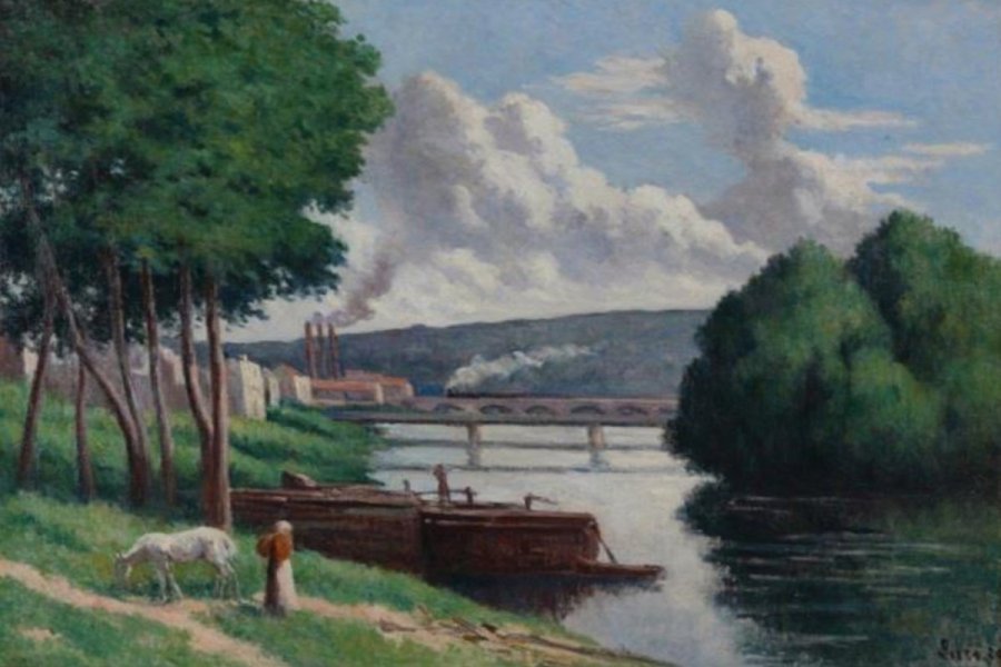 LA SEINE A ISSY-LES-MOULINEAUX, 1920, MAXIMILIEN LUCE (1858 – 1941), huile sur toile. (0, 91 X.1, 21 m.).