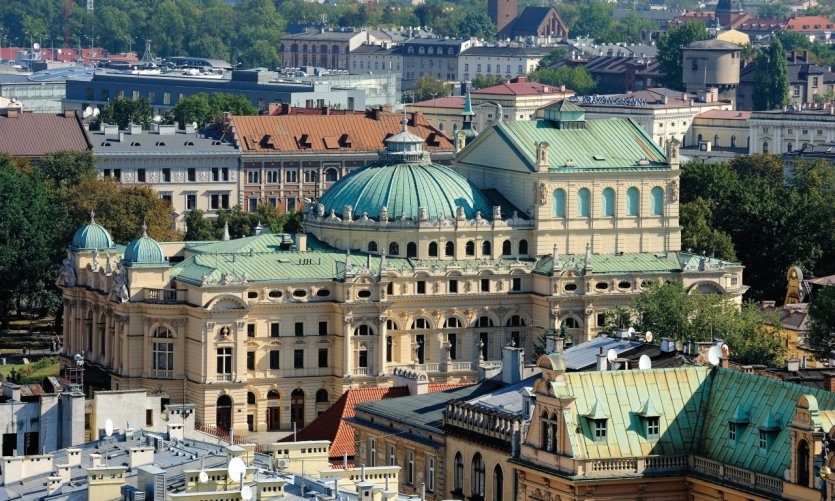 Le théâtre Juliusz Słowacki vu du haut du clocher de l'église de Notre-Dame. Le théâtre Juliusz Słowacki vu du haut du clocher de l'église de Notre-Dame.