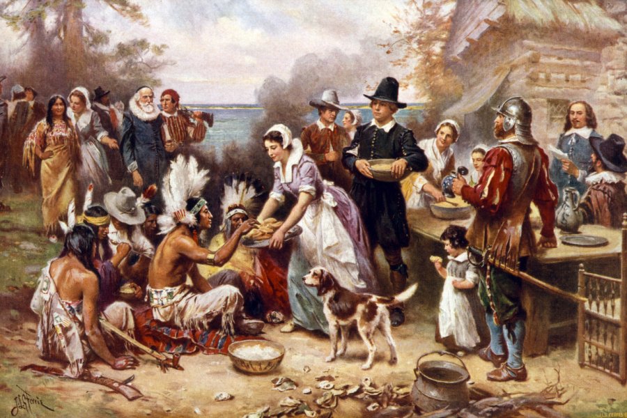 Le premier Thanksgiving de 1621, peinture de J.-L. Gerome Ferris, 1932. shutterstock -Everett Collection