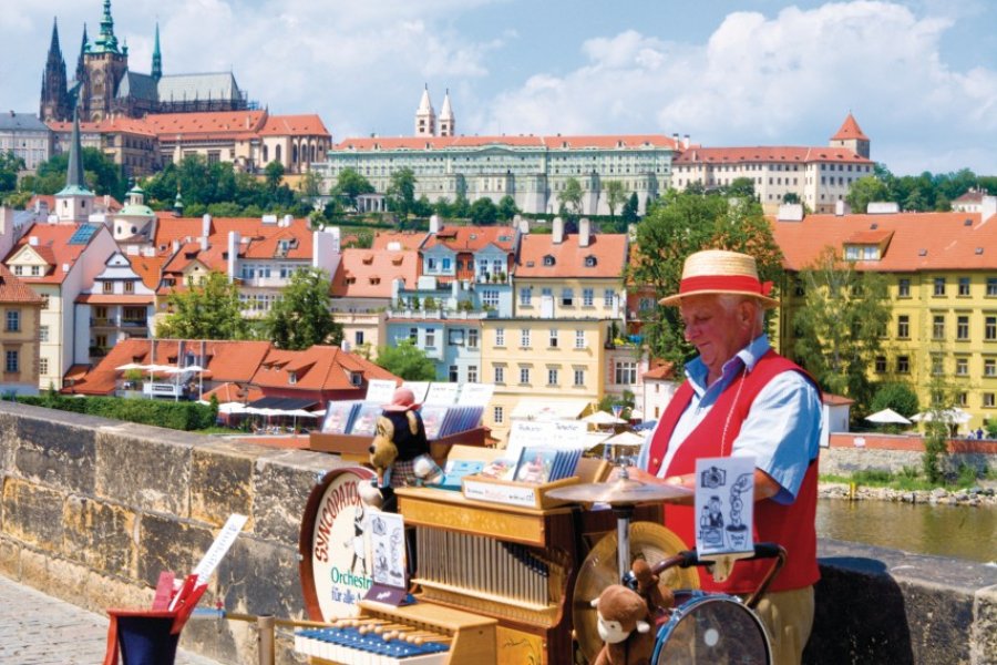 Joueur d'orgue de barbarie sur le pont Charles (Karlův most). (© Author's Image))