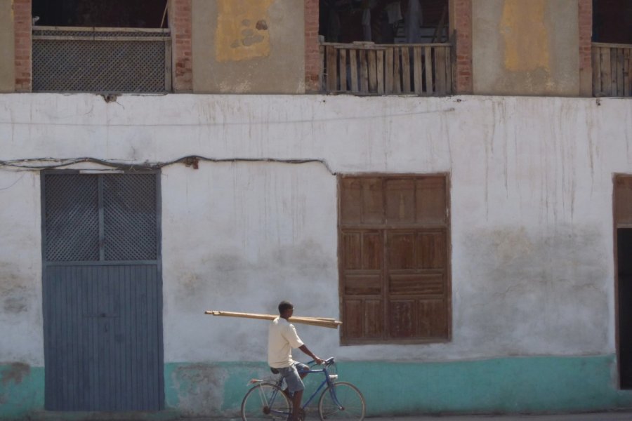 Sous le soleil de midi, un homme à bicyclette livre des planches sur un chantier du port. Charlotte FICHEUX