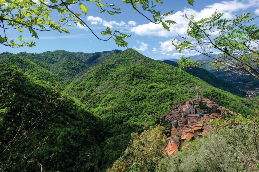 Le village d'Apricale forme le sommet de la colline. egadolfo - Fotolia