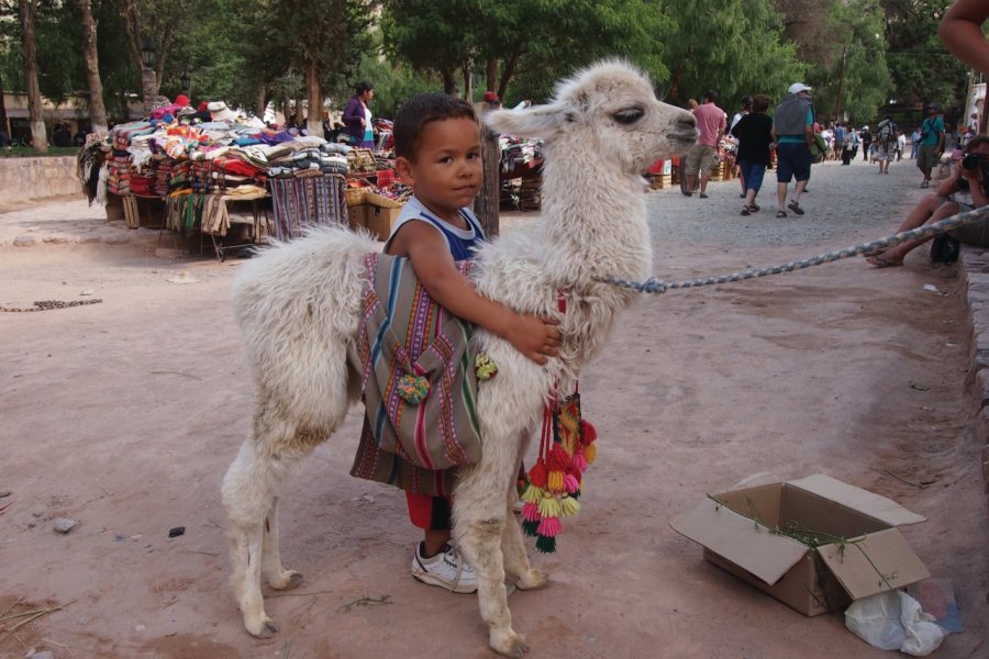 Enfant et lama sur la place centrale de Pumamarca. Maxime DRAY