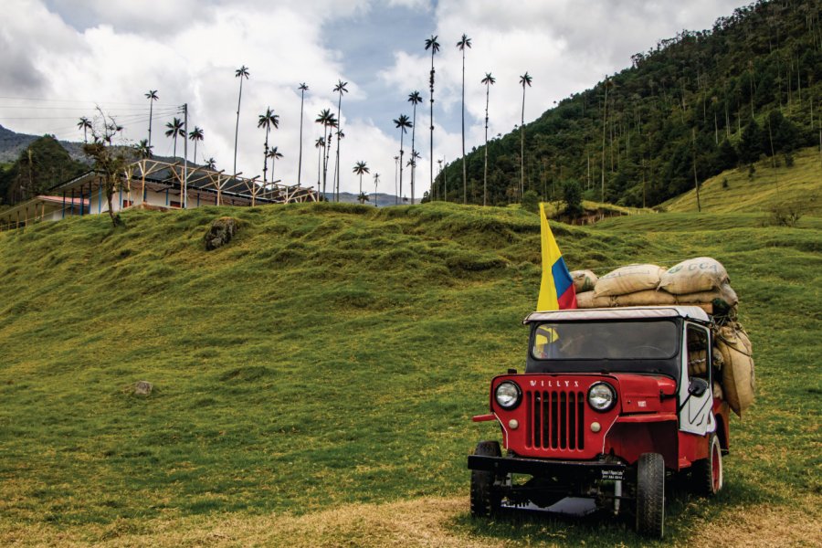 Jeep Willys chargée de sacs de café. Adrien Scat