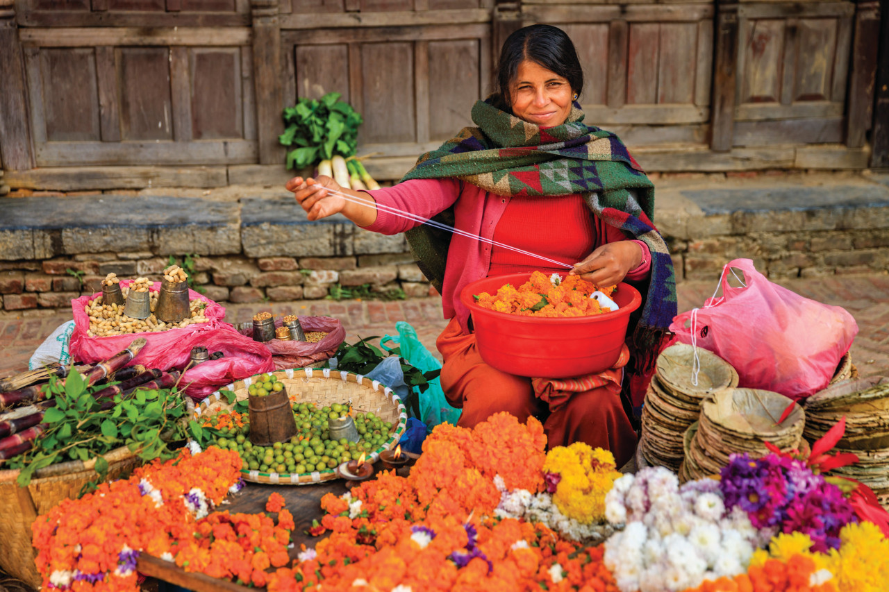 Vendeuse de légumes dans les rues de Patan.